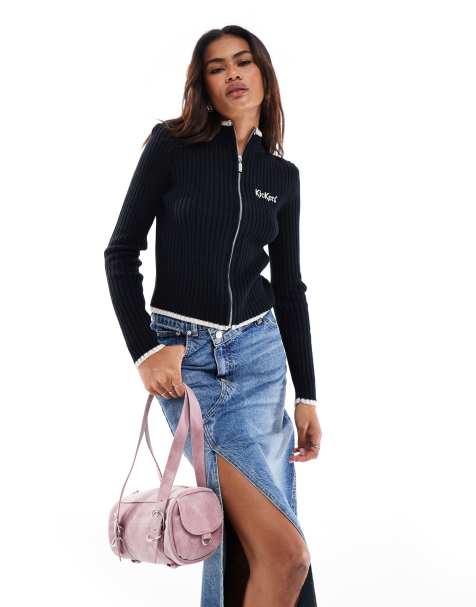 Kickers zip through fitted knit top with embroidered logo in black - view 1