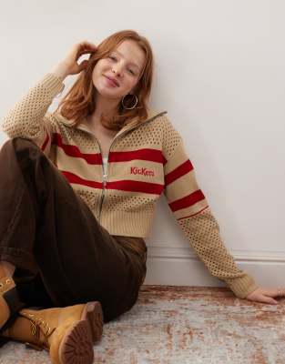 Kickers zip up knit cardigan with red retro stripes in dark
