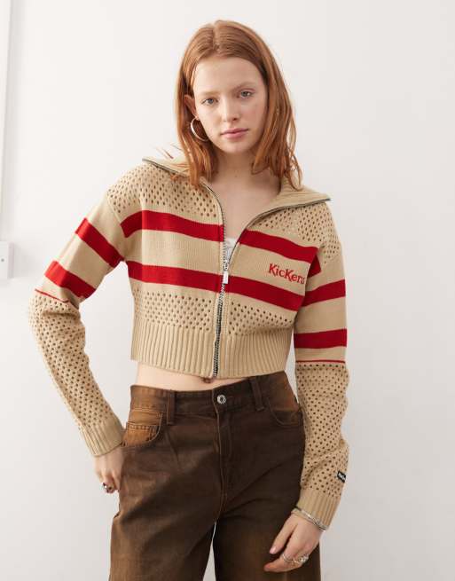 Kickers zip up knit cardigan with red retro stripes in dark