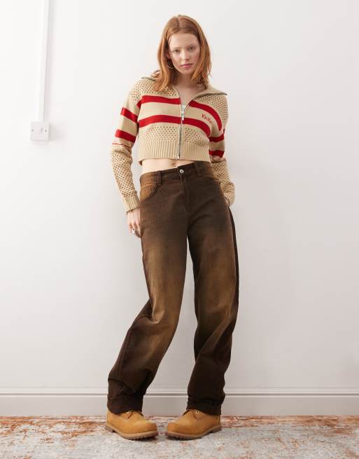 Kickers zip up knit cardigan with red retro stripes in dark
