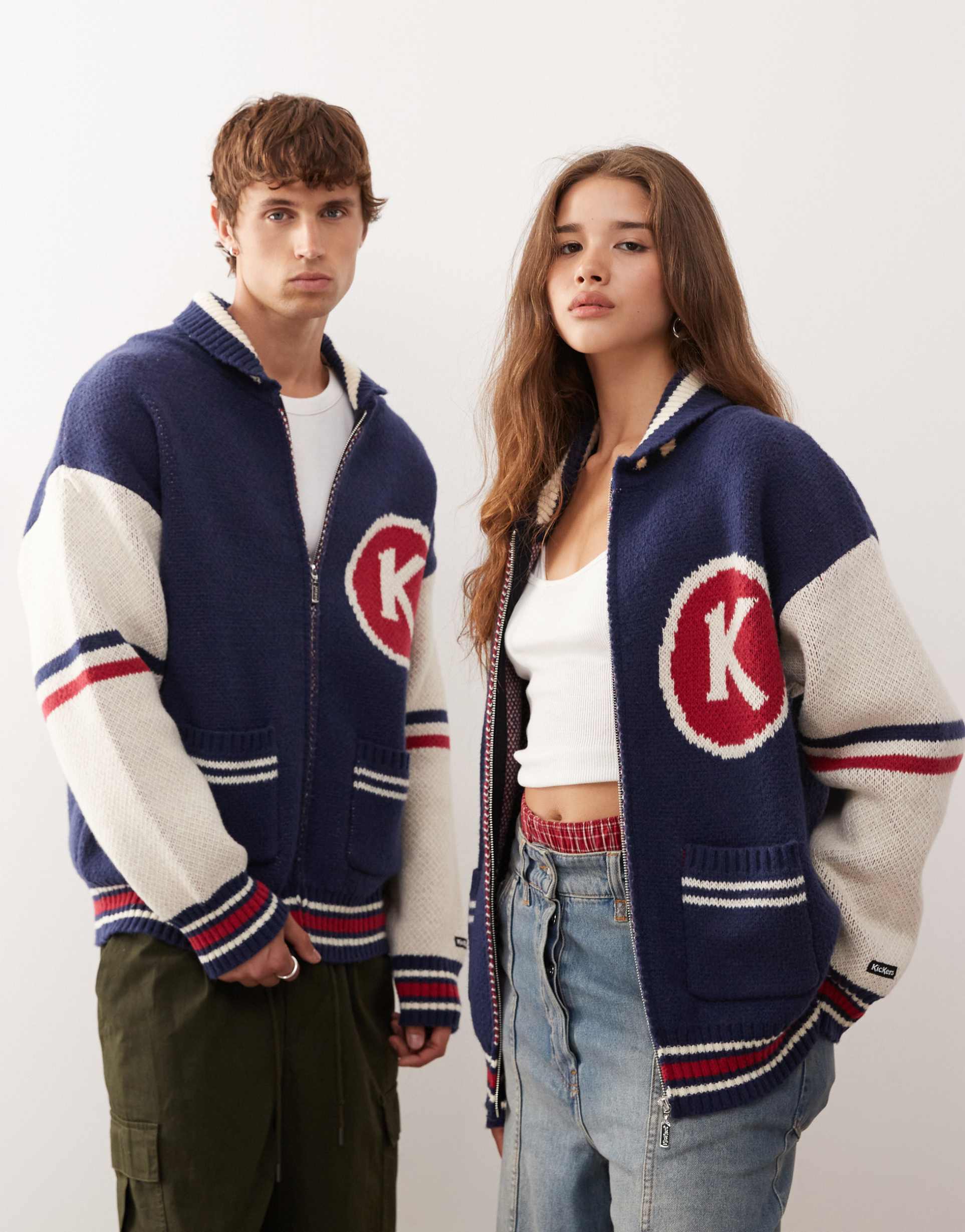 kickers zip up varsity style knit in navy and red