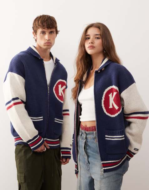 Kickers zip up varsity style knit jumper in navy and red - view 1