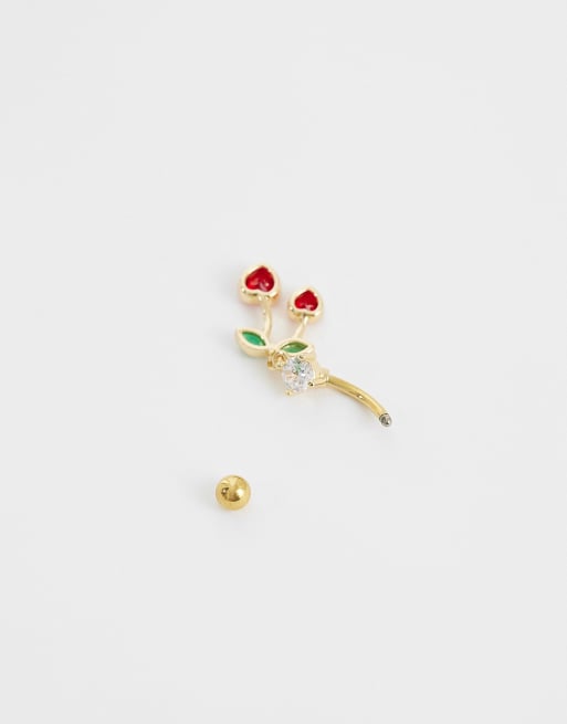 Kignsley Ryan - Barre de nombril en plaqué or avec pendentif cerise serti de cristaux, 3 de 3