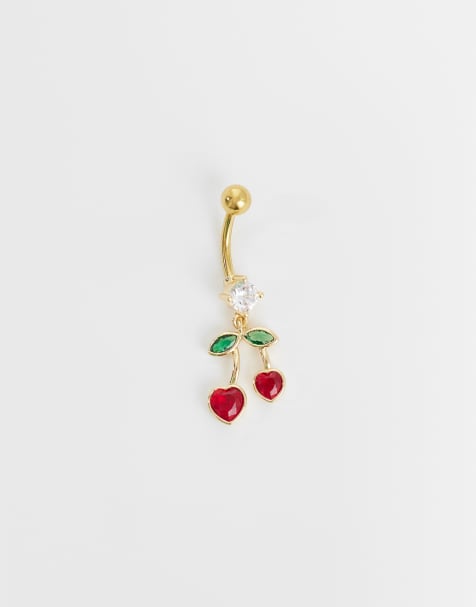 Kignsley Ryan gemset cherry dangley belly bar in gold plate - view 1