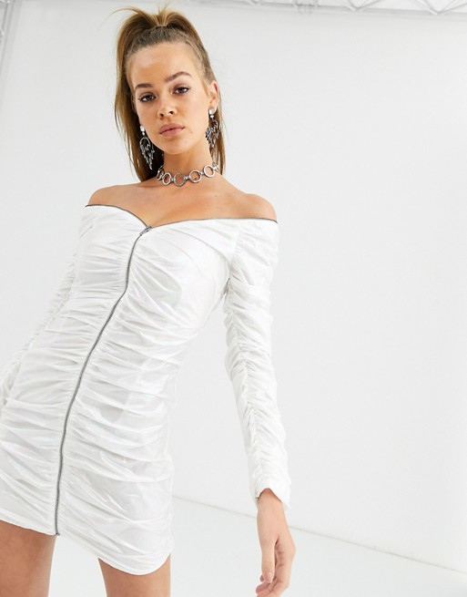 Kikiriki off shoulder zip through ruched vinyl bodycon dress in white