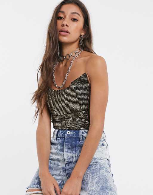 Kikiriki - Body Bardot à sequins style corset - Doré