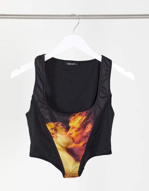 Kikiriki - Crop top corset avec imprimé baisers vintage