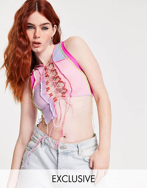 Kikiriki crop top in patchwork mesh with lace up front