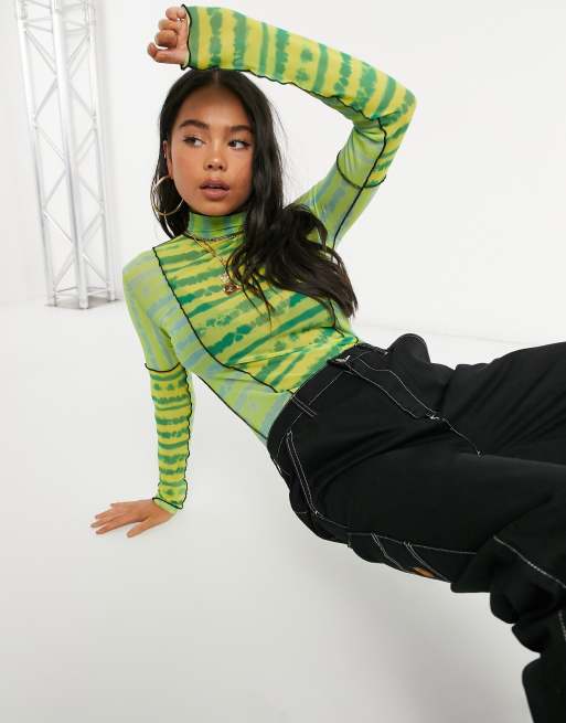 COLLUSION exposed seam long sleeve mesh top in green