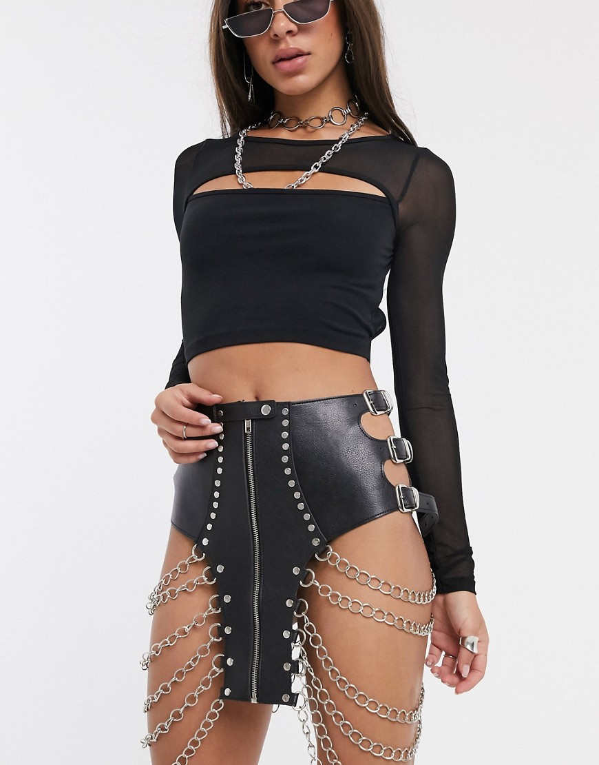 Kikiriki - Nederdel med udskæring, kædedetalje samt pu-paneldetalje i metalfarve-Sort