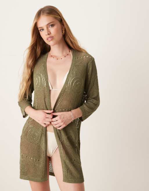 Kimono playero caqui de croché de JDY, 4 de 4
