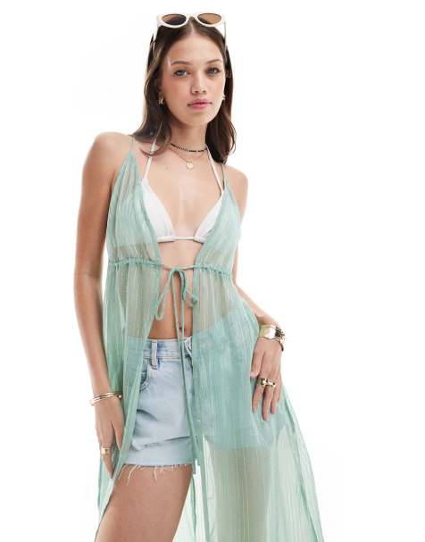 Kimono playero verde con lazada delantera y abertura de ASOS DESIGN - view 1