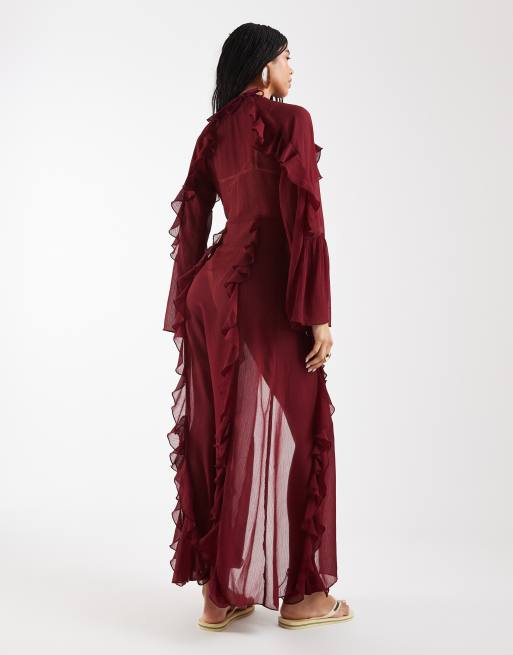 Kimono rojo burdeos anudado en la parte delantera con cuentas de Reclaimed Vintage, 4 de 4