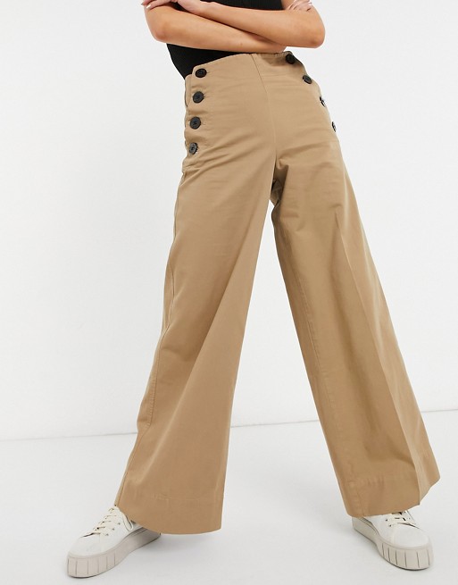 Kings of Indigo button detail wide leg trousers in camel