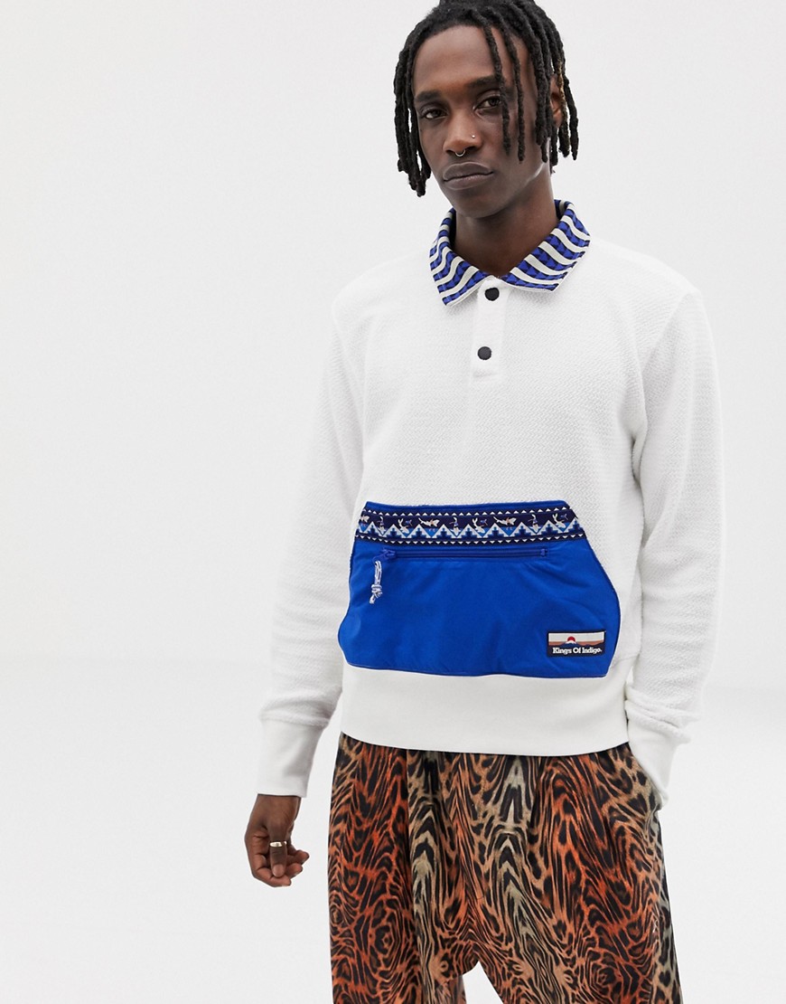 Kings of Indigo collared overhead sweat with pouch pocket in white/blue