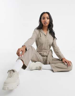 Kings of Indigo Janelle jumpsuit with tie belt in stone-Beige