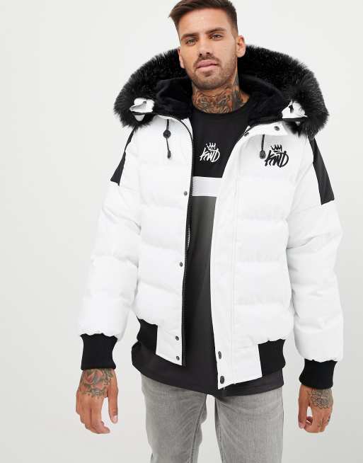 Kings Will Dream puffer bomber jacket In white with detachable faux fur