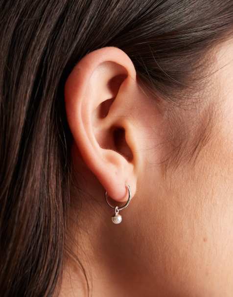 Kingsley Ryan 10mm pearl drop hoop earrings in silver - view 1