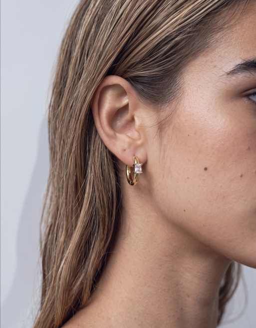 Kingsley Ryan 15mm gemset square solitaire hoops in 14ct gold plated, 2 of 5