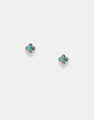 abalone blue clover stud earrings in silver tone surgical steel