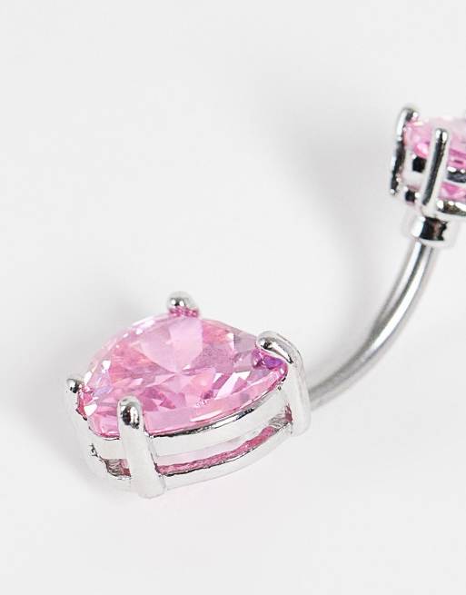 Kingsley Ryan - Barretta per ombelico in acciaio inossidabile con cristallo doppio a cuore rosa, 3 di 4