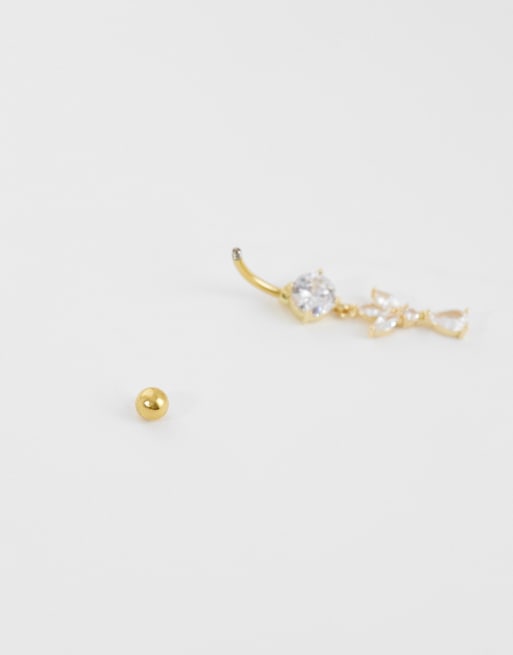 Kingsley Ryan belly bar met hangende bloemblaadjes en steentjes in zilver, 2 van 3