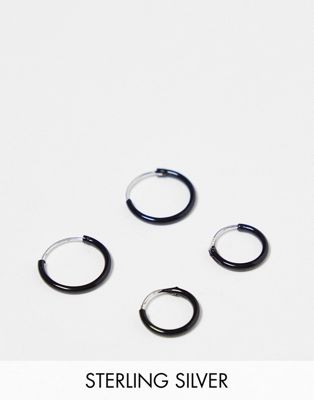 Kingsley Ryan black coated 10 and 12mm hoop earrings pack in sterling silver