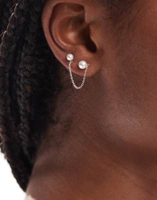 Kingsley Ryan - Boucle d'oreille unique avec double perle et chaîne en argent massif-Argenté