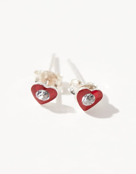 Kingsley Ryan - Boucles d'oreilles en argent massif avec cœur orné d'une pierre - Rouge - view 1