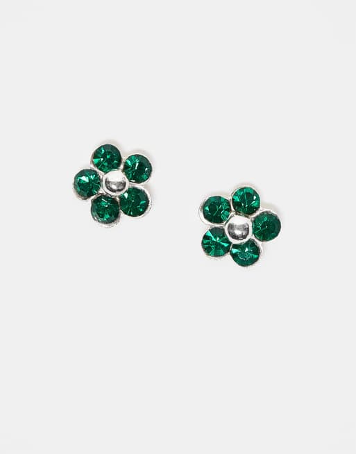 Kingsley Ryan - Boucles d'oreilles en argent massif avec fleur à pierres émeraude