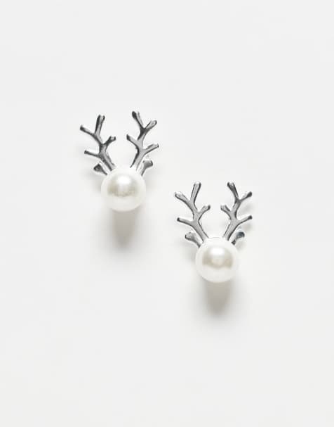 Kingsley Ryan Christmas reindeer faux pearl stud earrings in silver - view 1