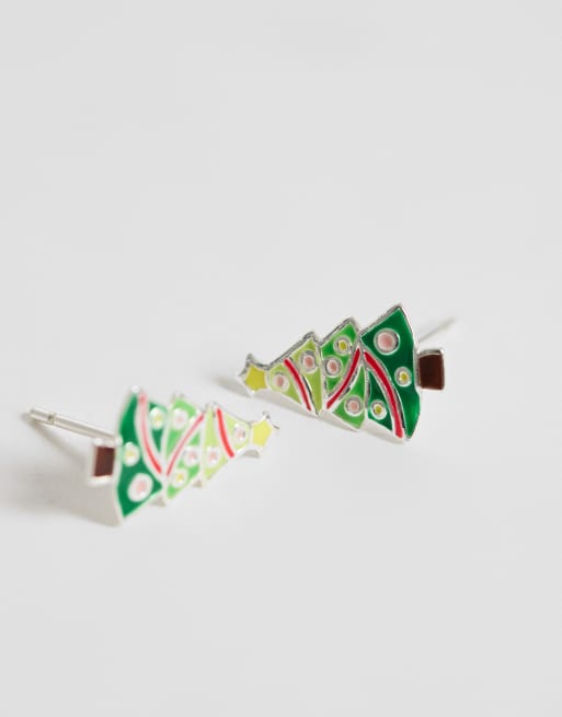 Kingsley Ryan Christmas tree stud earrings in silver plated, 4 of 4