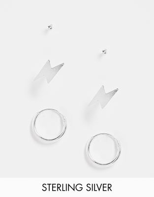 Kingsley Ryan - Confezione da 3 orecchini a cerchio e a bottone piccoli in argento sterling