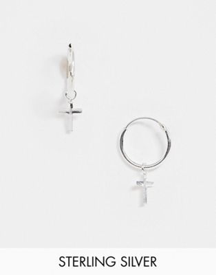 Kingsley Ryan 12mm hoop earrings with cross drop in sterling silver - ASOS Price Checker