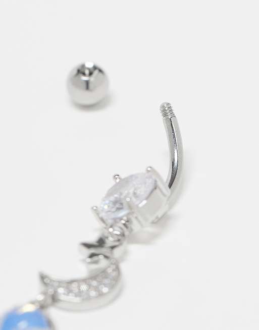 Kingsley Ryan crescent moon and star crystal belly bar in silver steel, 3 of 3