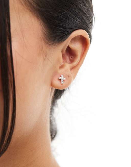 Kingsley Ryan - CZ - Orecchini a bottone in argento sterling con croce