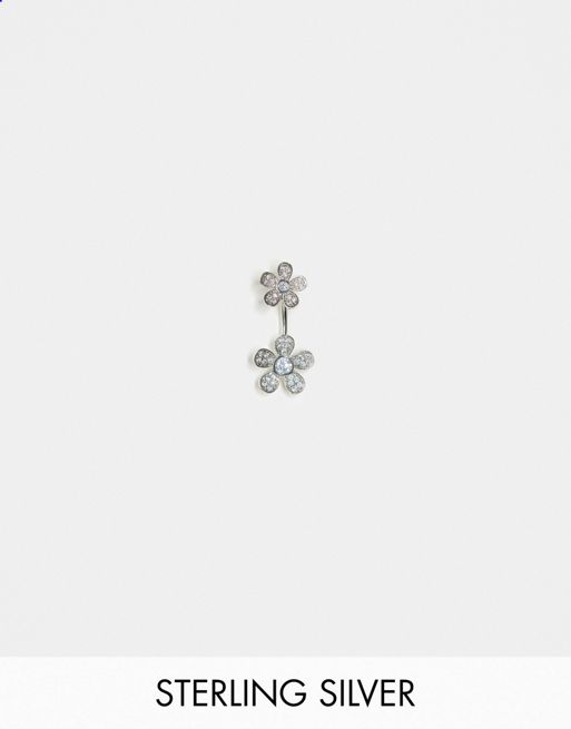 Kingsley Ryan double diamante flower belly bar in sterling silver