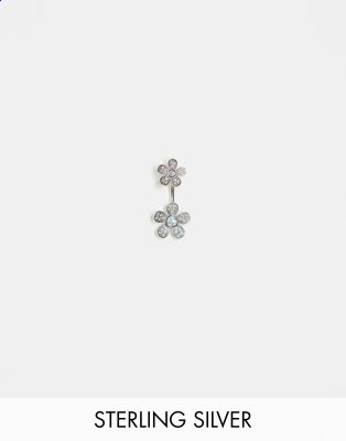 Kingsley Ryan double diamante flower belly bar in sterling silver