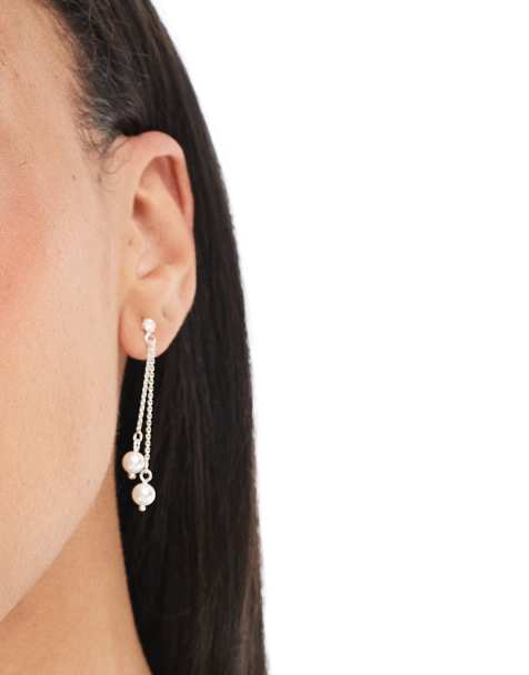 Kingsley Ryan double pearl and chain drop earrings in sterling silver - view 1