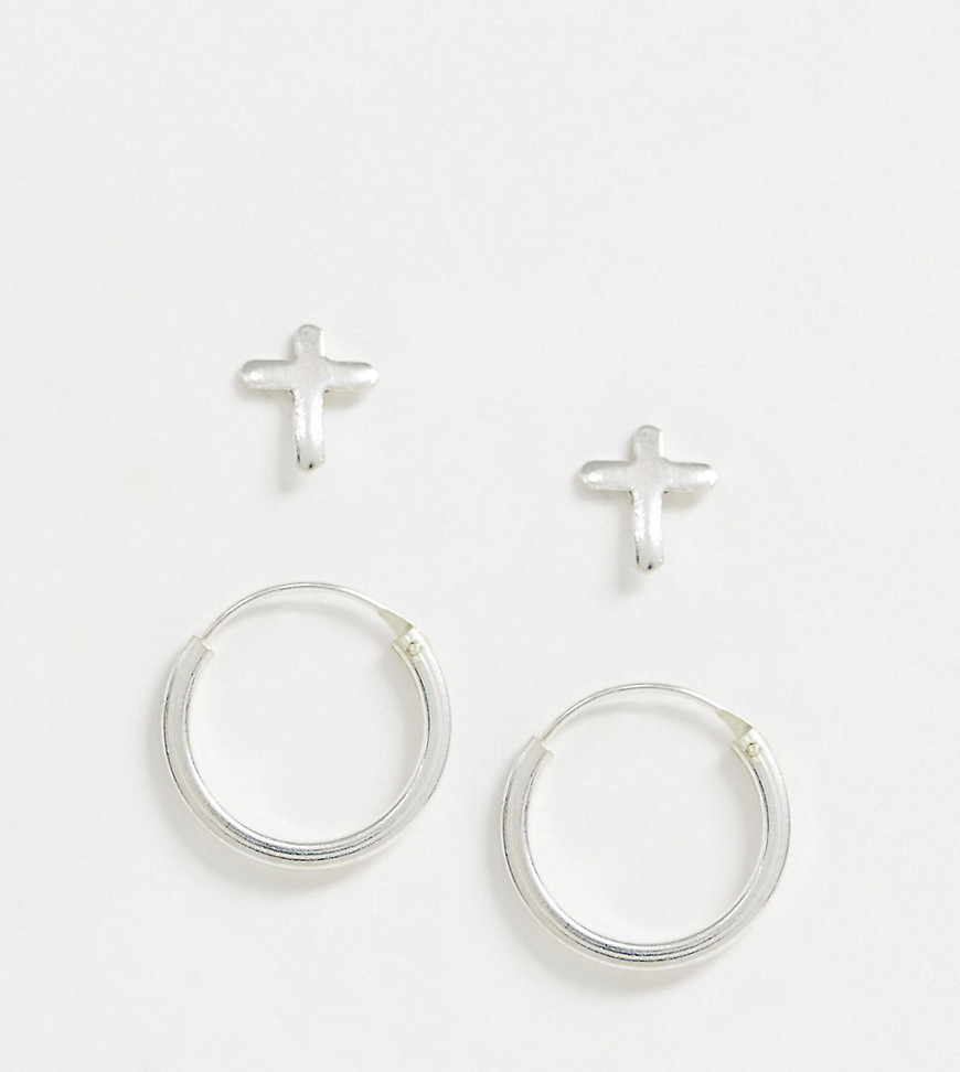 Kingsley Ryan exclusive earring multipack set in sterling silver two hoop and cross stud
