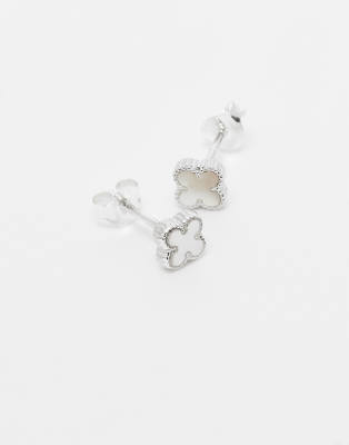 Kingsley Ryan Faux Pearl Clover Stud Earrings In Silver