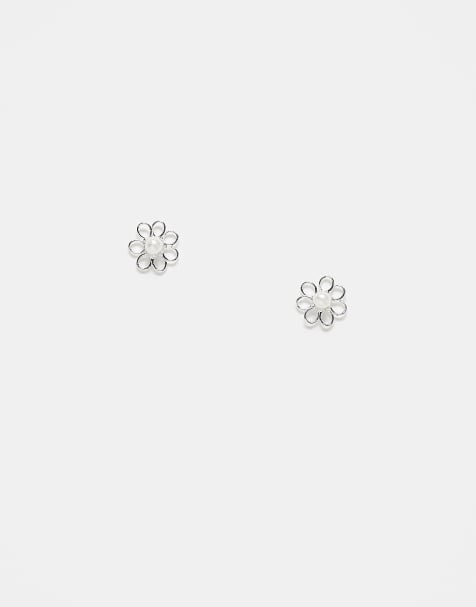 Kingsley Ryan flower stud earrings with pearl detail in sterling silver - view 1