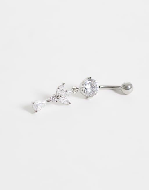Kingsley Ryan gemset dangley petal belly bar in silver, 2 of 3