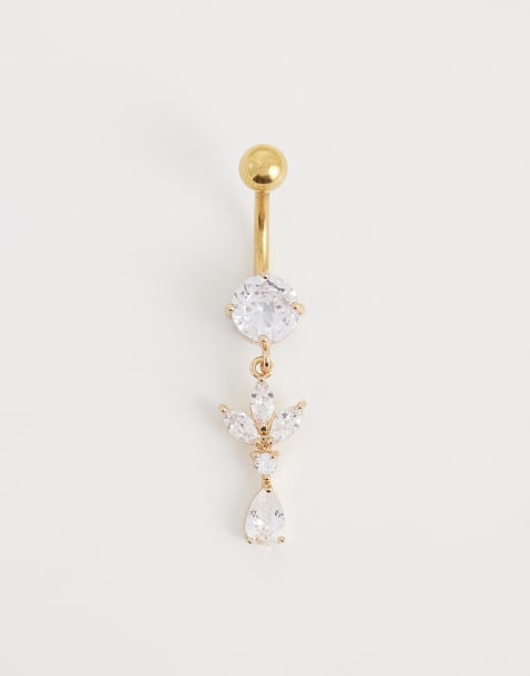 Kingsley Ryan gemset dangley petal navel bar in gold tone - view 1