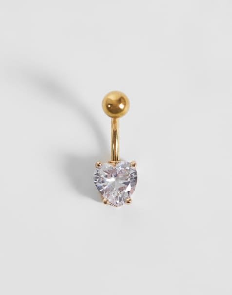 Kingsley Ryan gemset heart belly bar in 14ct gold plated steel - view 1