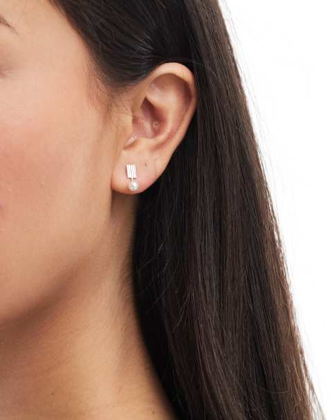 Kingsley Ryan gemset rectangle stud earrings with pearl charm in sterling silver - view 1