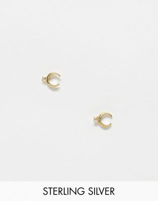 Kingsley Ryan gold plated crescent stud earrings with crystal in gold