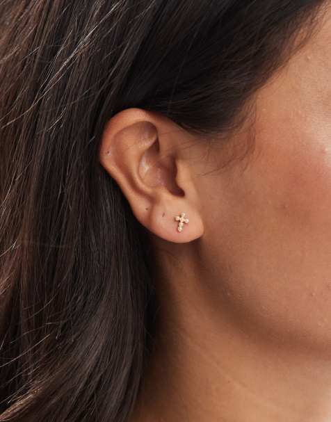 Kingsley Ryan gold-plated faux-pearl cross stud earrings - view 1