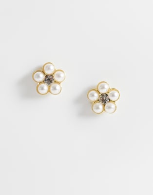 Kingsley Ryan Gold Plated Faux Pearl Daisy Stud Earrings
