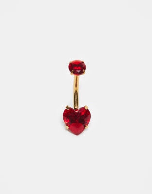 Kingsley Ryan Kingsley Ryan gold plated red gem set heart belly bar-Silver